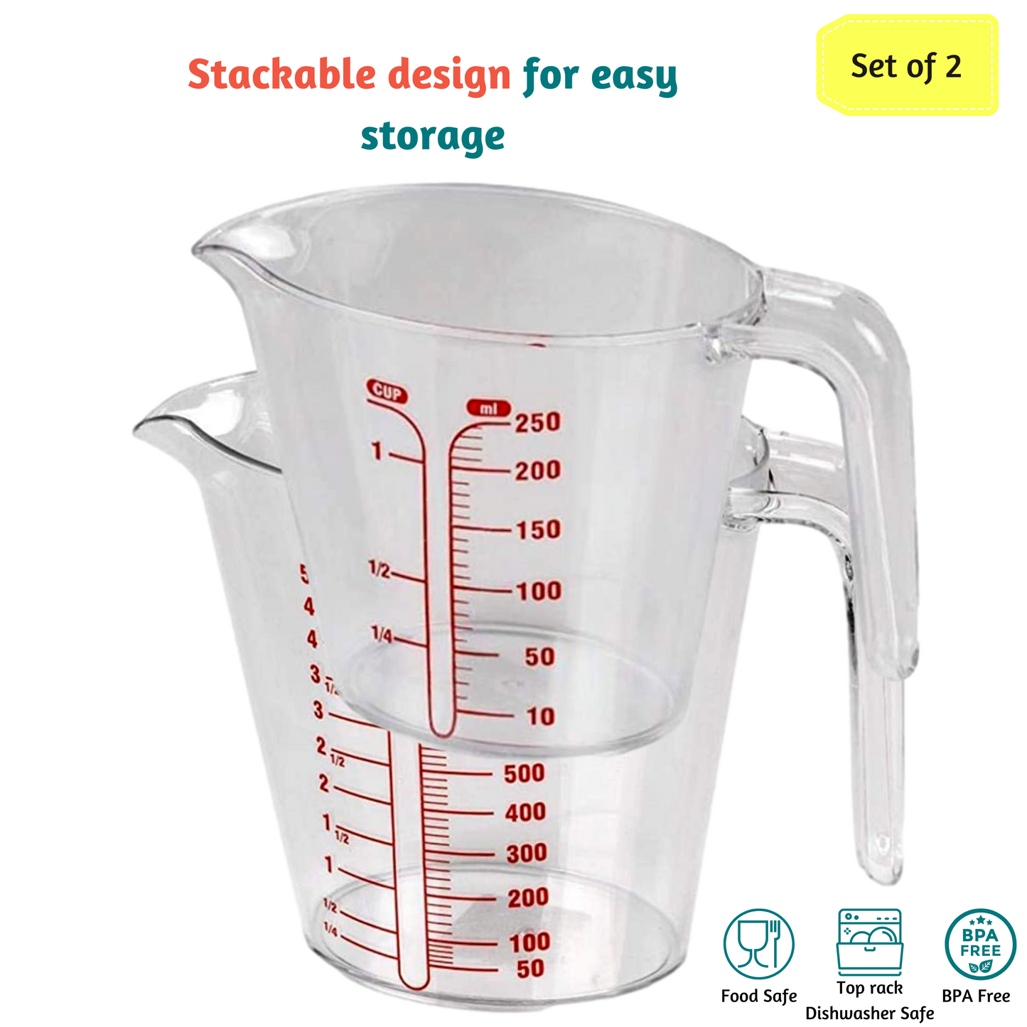 2pc Plastic Measuring Jug Set Stackable with Handle 1L and 250ml Kitchen Cups